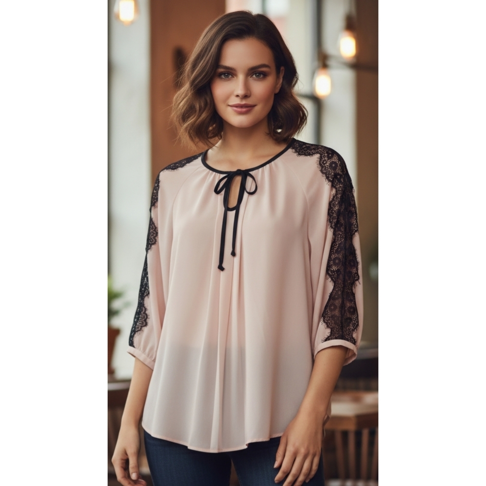 By & By Blush Pink Semi Sheer Blouse with Lace Detail